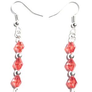 Red and Silver Beaded Drop Earrings, Crystal Dangle Style